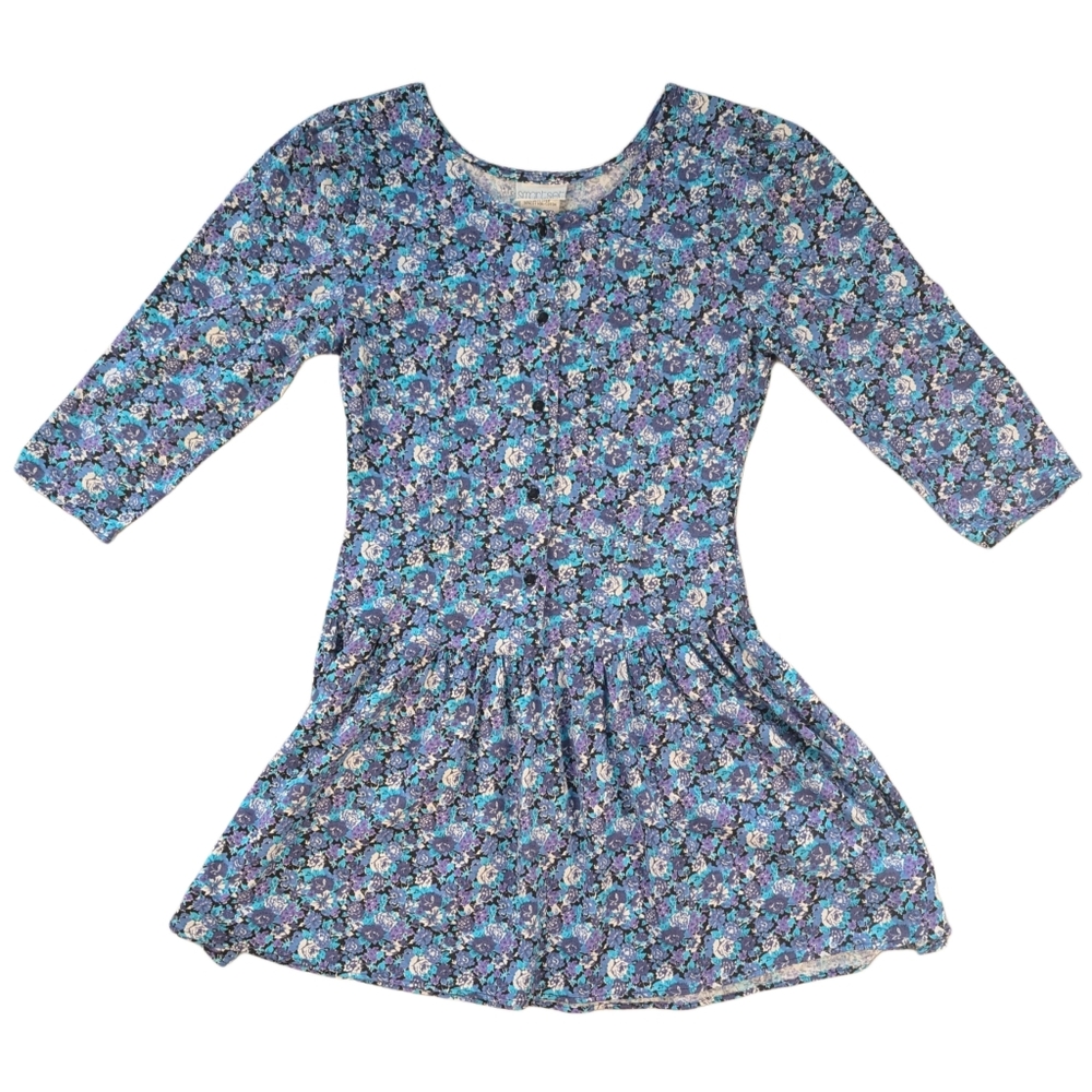 Vintage 90s Smart Set Blue Floral Drop Waist‎ Frilly Skirt Puff Sleeve Dress